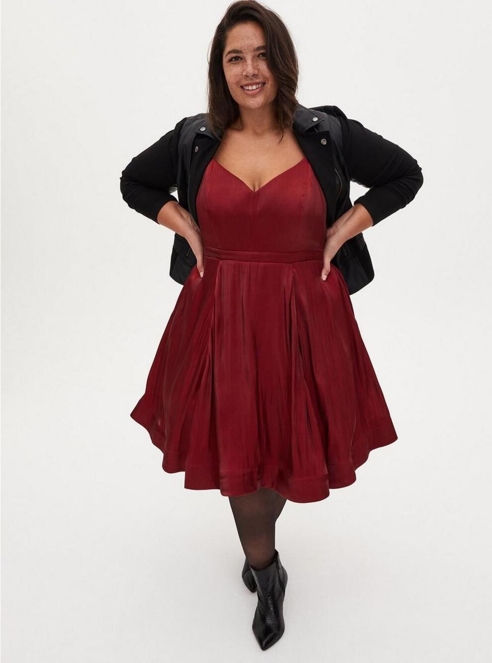 [Torrid] Red Liquid Look Taffeta Satin Fit & Flare Dress Pockets Sweetheart 14